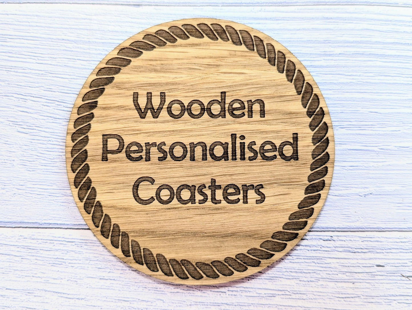 Custom Wood Coasters with Rope Border – Personalised Text, Nautical Gift, Eco-Friendly Boat Gift, Sustainable Craft, Round 100mm Diameter