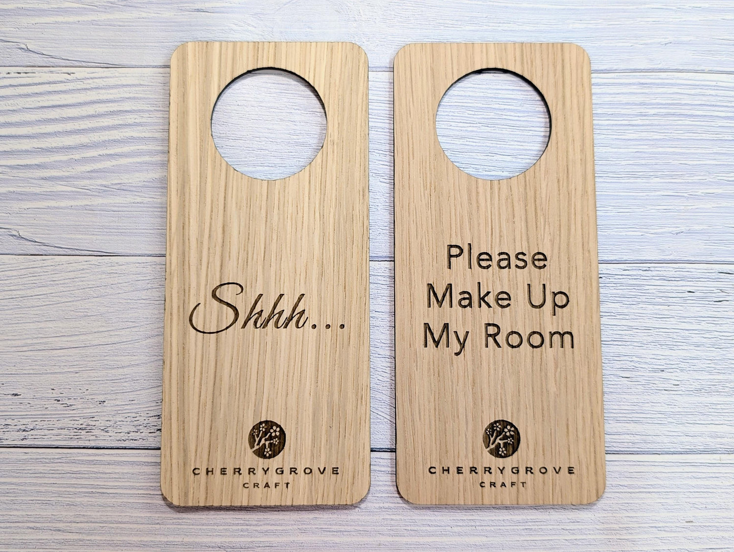 Personalised Wooden Door Hanger – "Shhh..." and "Please Make Up My Room", Custom Logo Option, Eco-Friendly Hotel & BnB Bedroom Sign