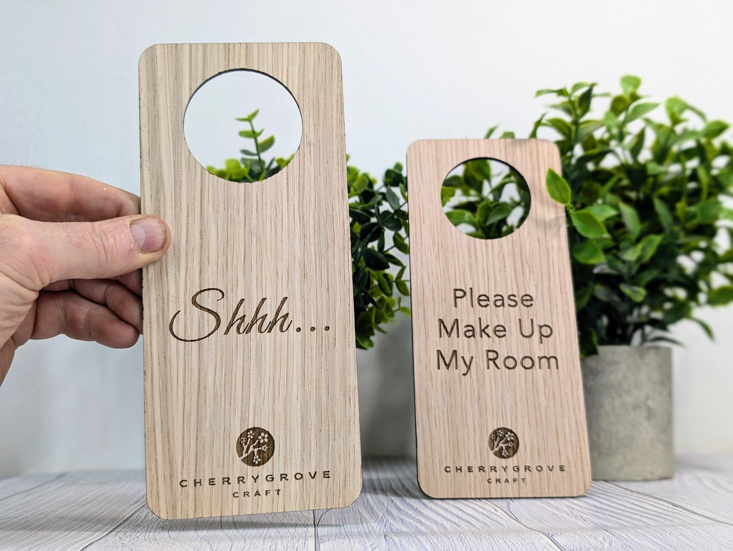 Personalised Wooden Door Hanger – "Shhh..." and "Please Make Up My Room", Custom Logo Option, Eco-Friendly Hotel & BnB Bedroom Sign