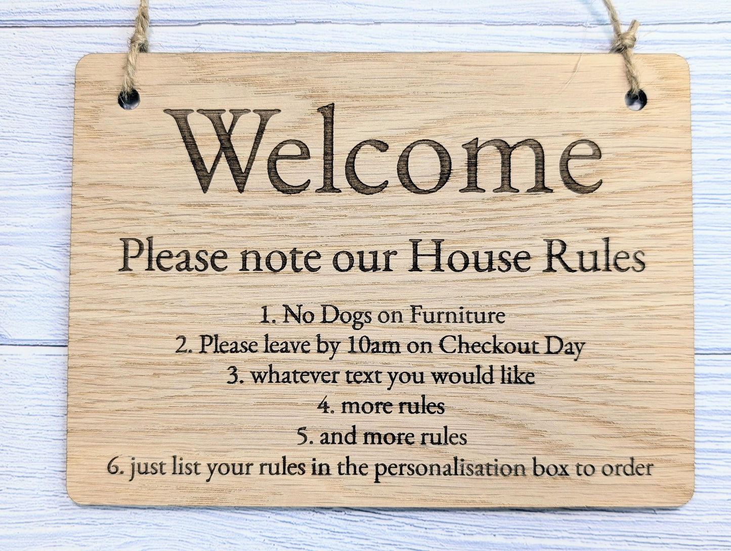 Welcome - Please Note Our House Rules Sign | Personalised Wooden Door Sign | Custom Airbnb & Home Rules | Oak Checkout, Pet, Bin Signage