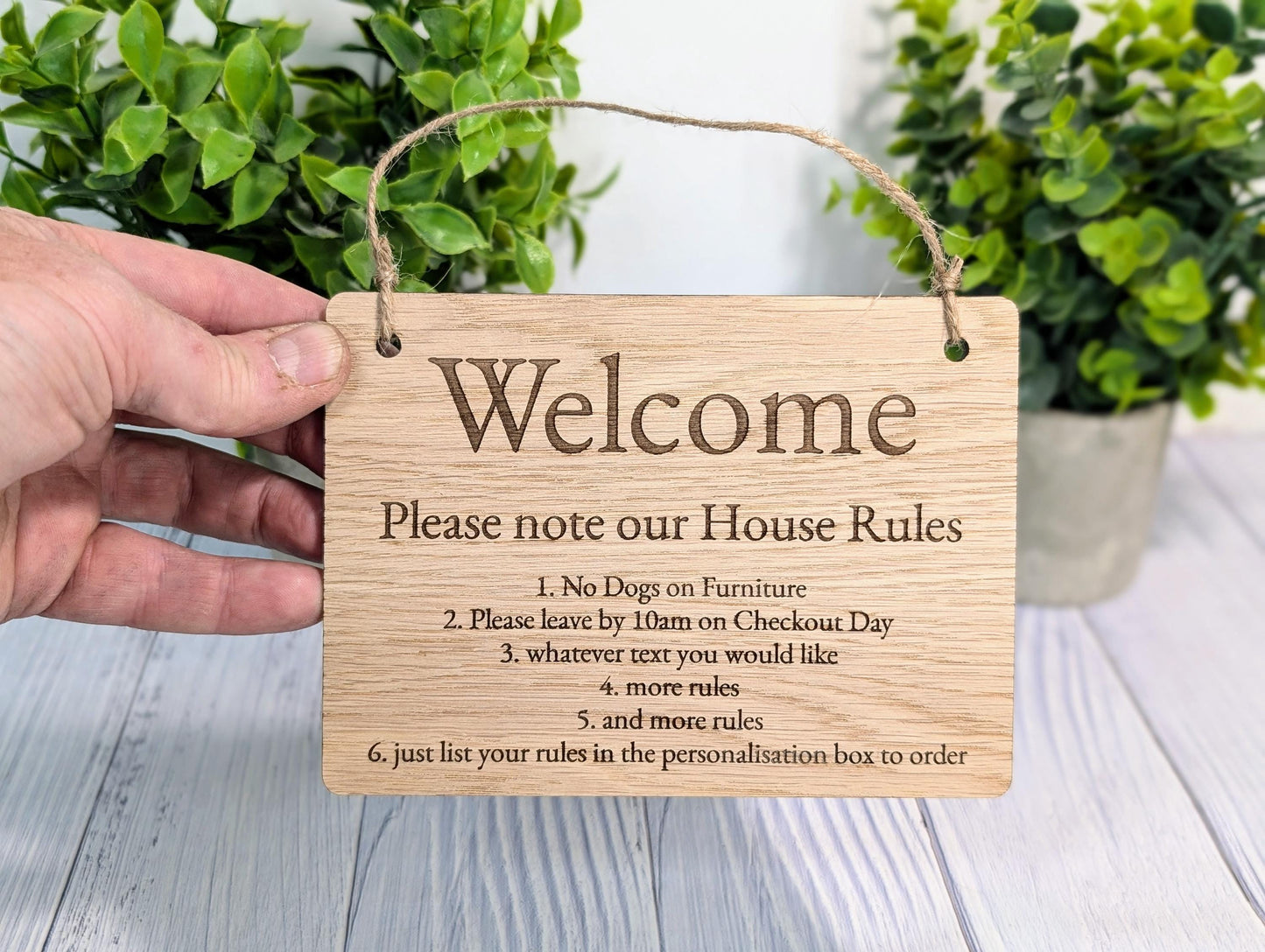 Welcome - Please Note Our House Rules Sign | Personalised Wooden Door Sign | Custom Airbnb & Home Rules | Oak Checkout, Pet, Bin Signage