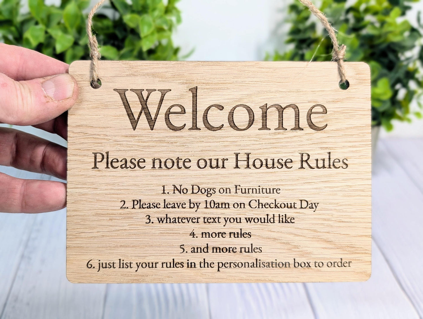 Welcome - Please Note Our House Rules Sign | Personalised Wooden Door Sign | Custom Airbnb & Home Rules | Oak Checkout, Pet, Bin Signage