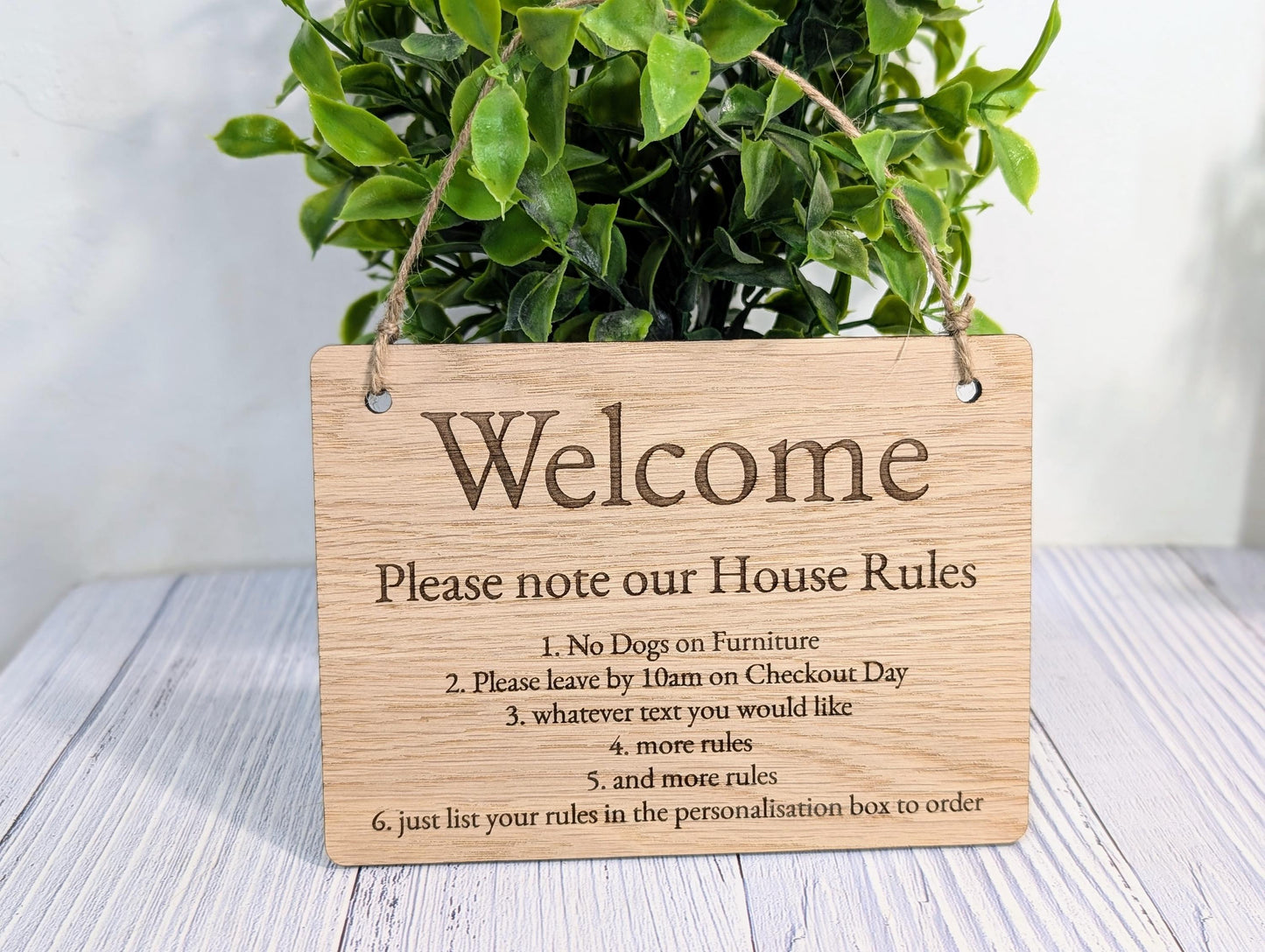 Welcome - Please Note Our House Rules Sign | Personalised Wooden Door Sign | Custom Airbnb & Home Rules | Oak Checkout, Pet, Bin Signage