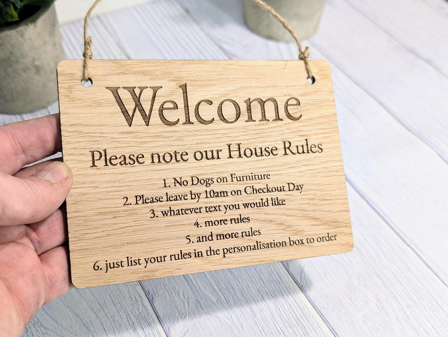 Welcome - Please Note Our House Rules Sign | Personalised Wooden Door Sign | Custom Airbnb & Home Rules | Oak Checkout, Pet, Bin Signage