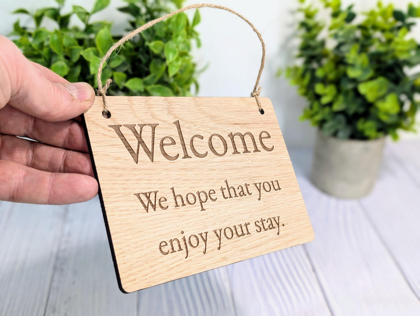 Welcome, We Hope You Enjoy Your Stay | Wooden Airbnb Door Sign | Oak Hospitality Wall Sign | Holiday Cottage | Rental Home