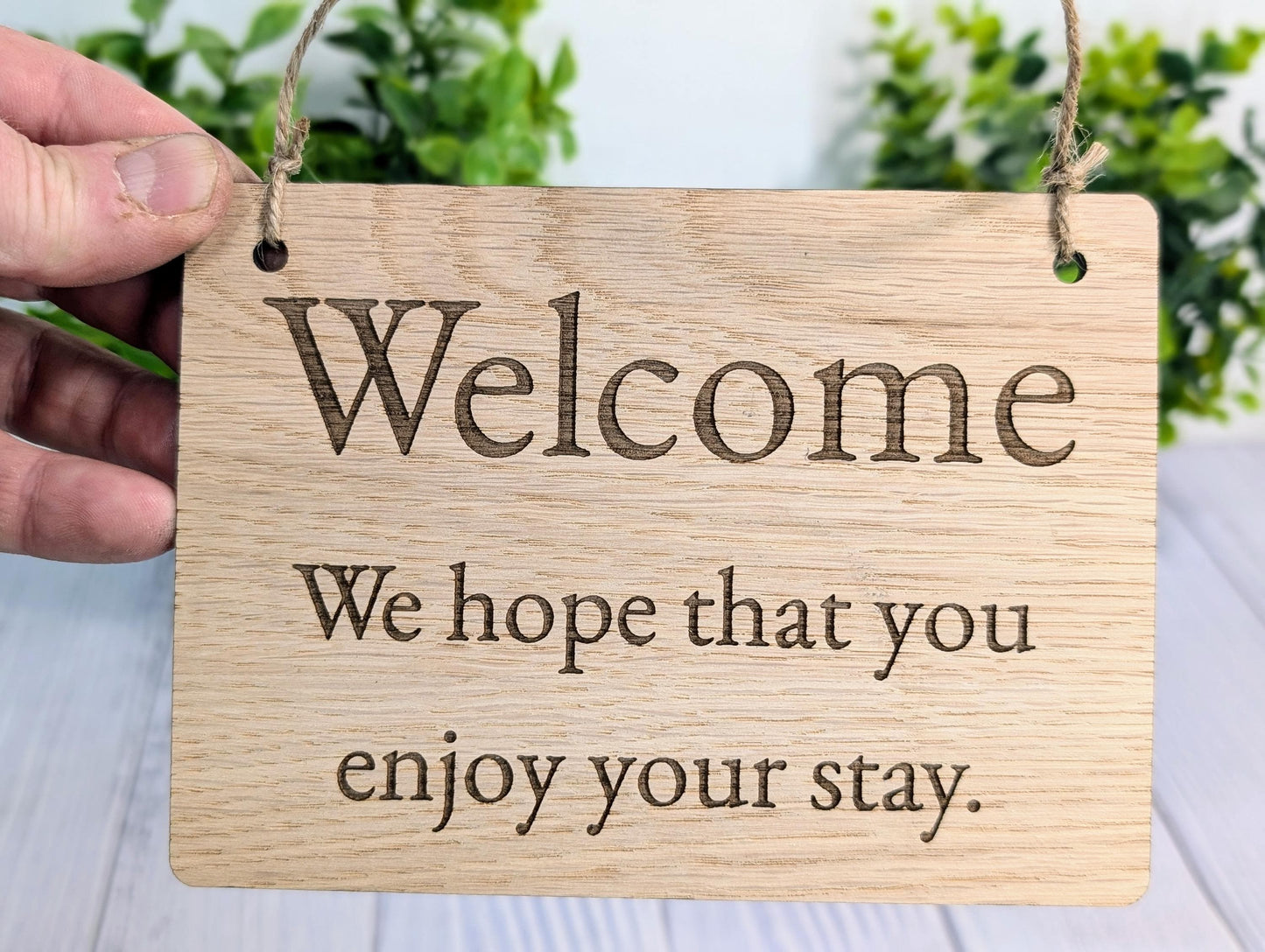 Welcome, We Hope You Enjoy Your Stay | Wooden Airbnb Door Sign | Oak Hospitality Wall Sign | Holiday Cottage | Rental Home