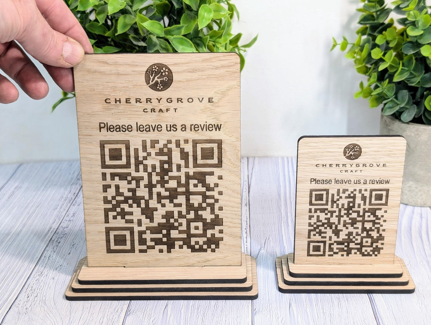 QR Code 'Leave us a review' Custom Wooden Table Sign, Personalised Logo & Link, Eco-Friendly, 2 Sizes | Google, Trustpilot, Tripadvisor etc