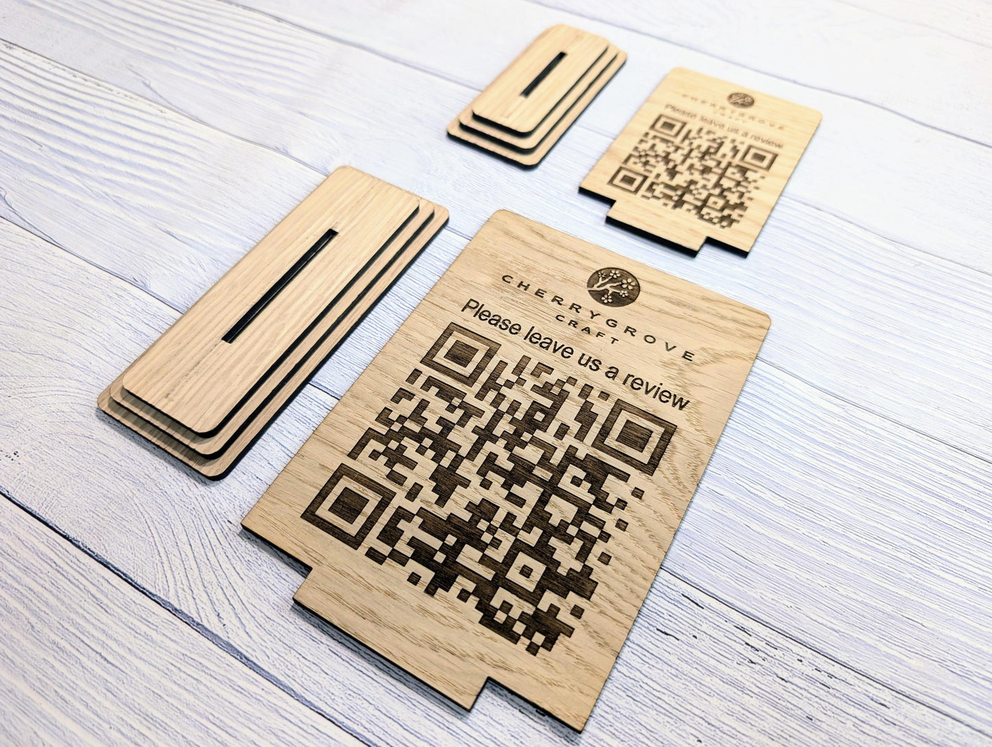 QR Code 'Leave us a review' Custom Wooden Table Sign, Personalised Logo & Link, Eco-Friendly, 2 Sizes | Google, Trustpilot, Tripadvisor etc