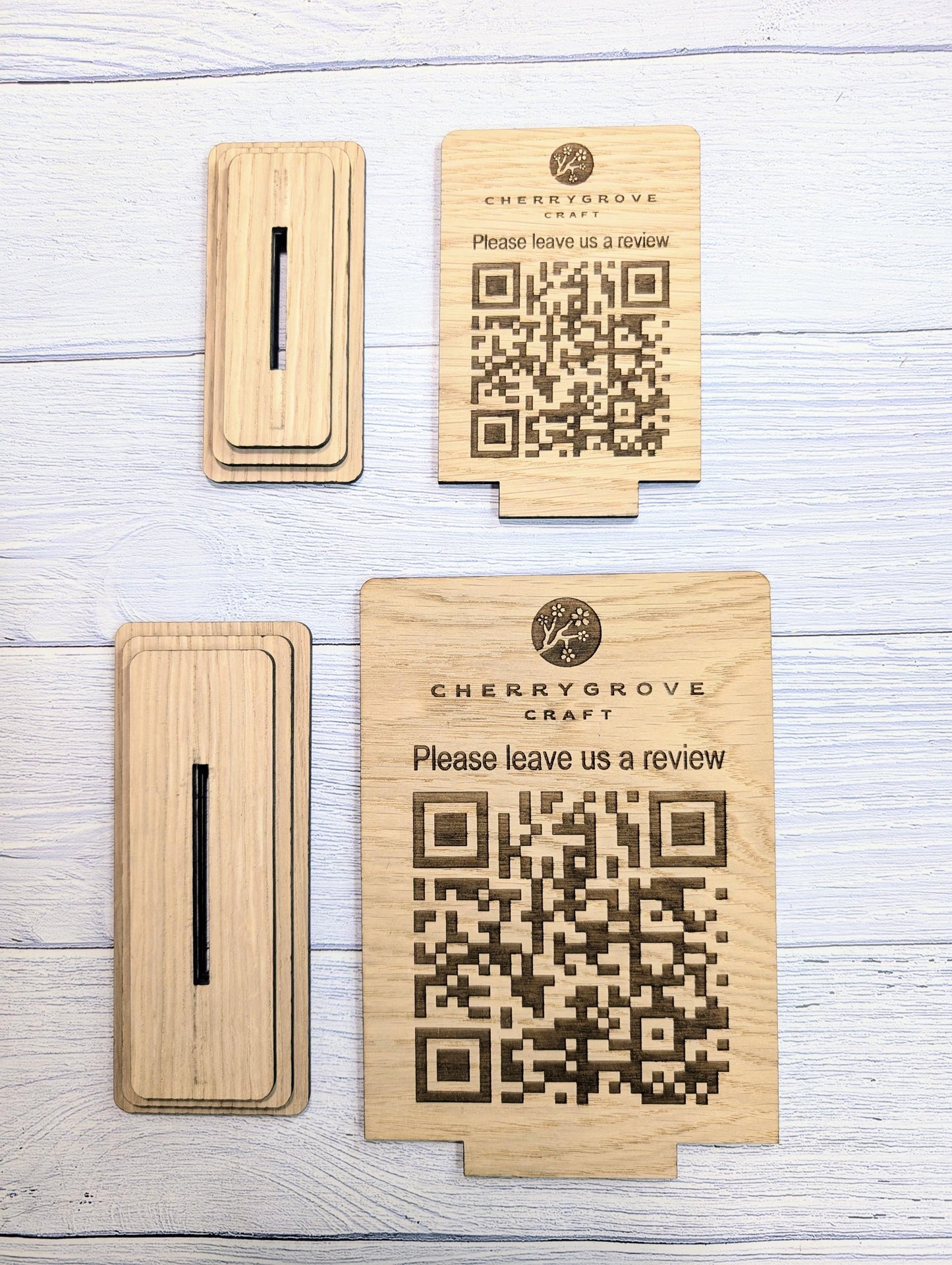 QR Code 'Leave us a review' Custom Wooden Table Sign, Personalised Logo & Link, Eco-Friendly, 2 Sizes | Google, Trustpilot, Tripadvisor etc