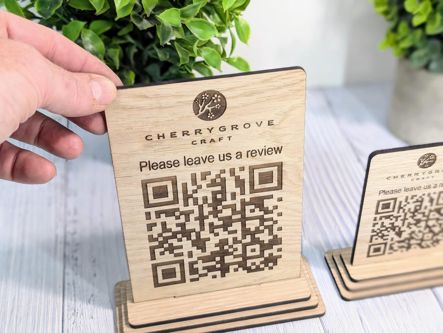 QR Code 'Leave us a review' Custom Wooden Table Sign, Personalised Logo & Link, Eco-Friendly, 2 Sizes | Google, Trustpilot, Tripadvisor etc