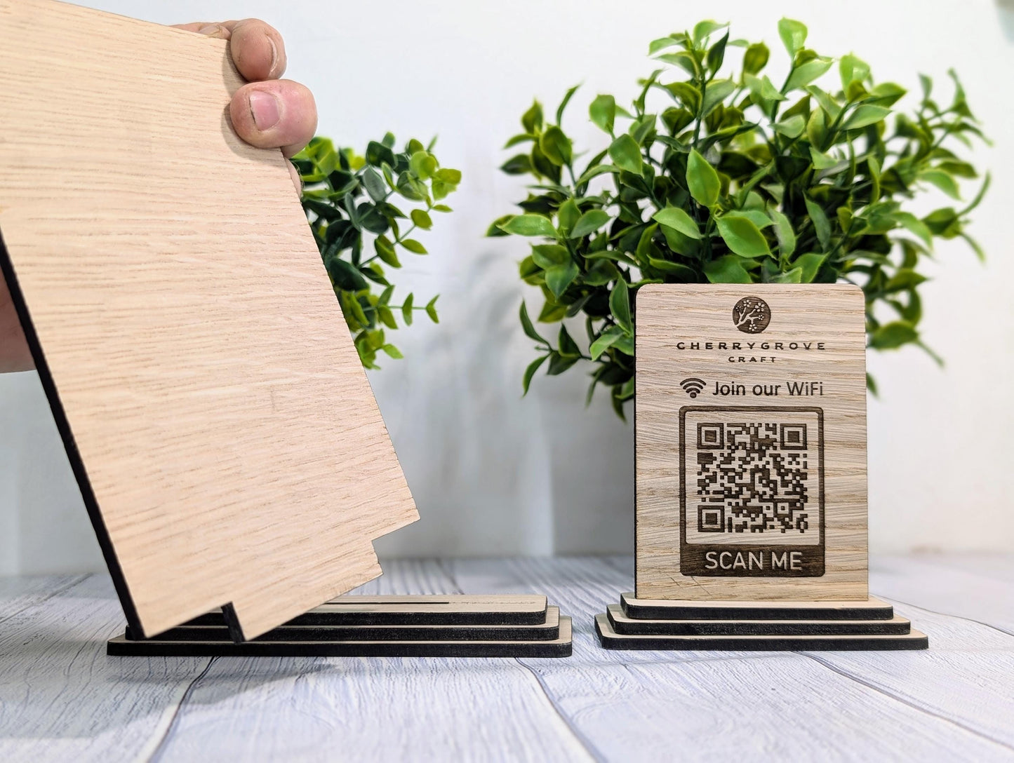 Wooden WiFi QR Code Sign + Logo, Eco-Friendly Custom Internet Password Table Display, 2 Sizes, Oak Plaque, Hotel, BnB, Guest House, Business