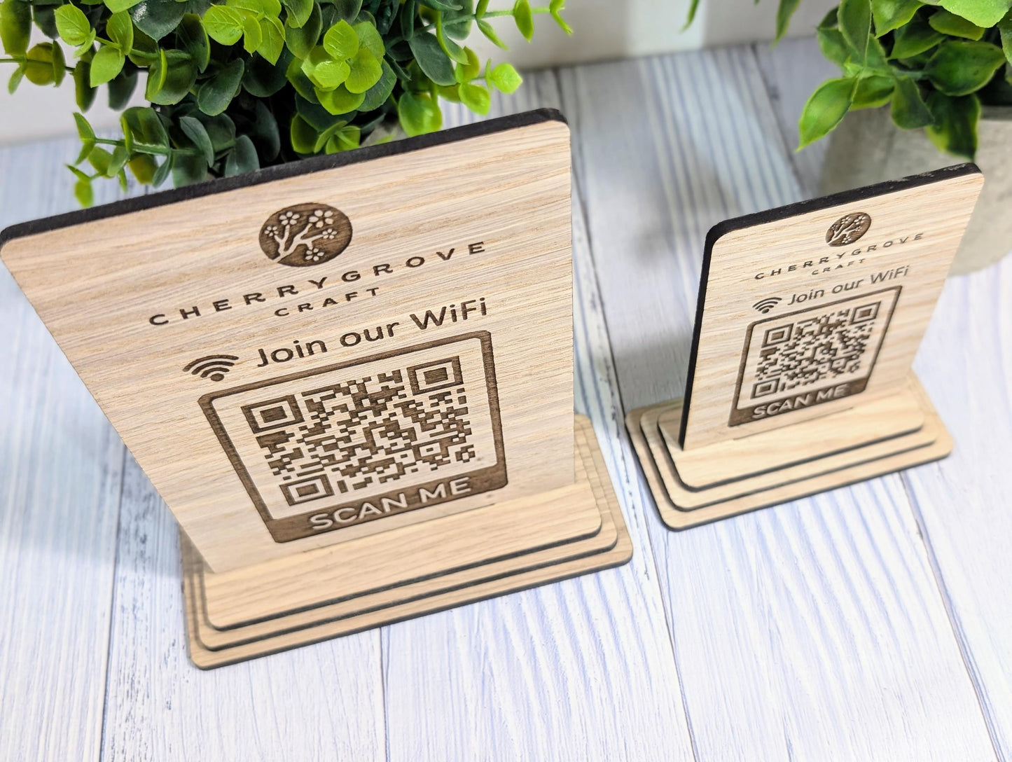 Wooden WiFi QR Code Sign + Logo, Eco-Friendly Custom Internet Password Table Display, 2 Sizes, Oak Plaque, Hotel, BnB, Guest House, Business