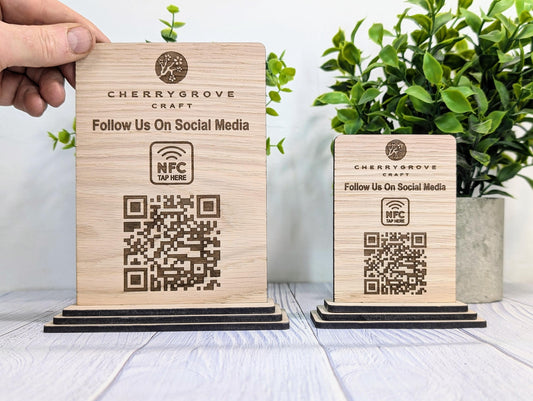 QR Code AND NFC 'Follow Us on Social Media', Tap or Scan Link, Custom Wooden Table Sign, Personalised Logo & Social Media Link, 2 Sizes