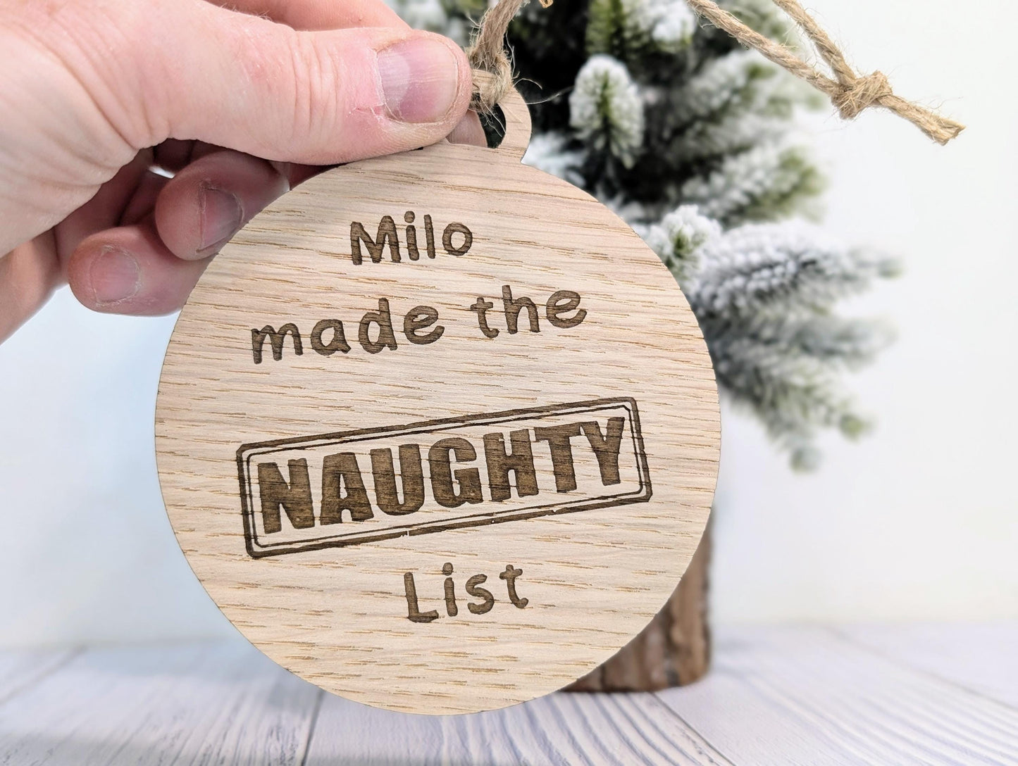 Custom Double-Sided Naughty or Nice List Wooden Bauble | Personalised Oak Christmas Ornament for Children | Wood Xmas Decoration | Festive