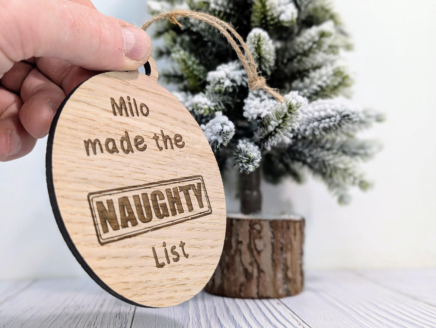 Custom Double-Sided Naughty or Nice List Wooden Bauble | Personalised Oak Christmas Ornament for Children | Wood Xmas Decoration | Festive