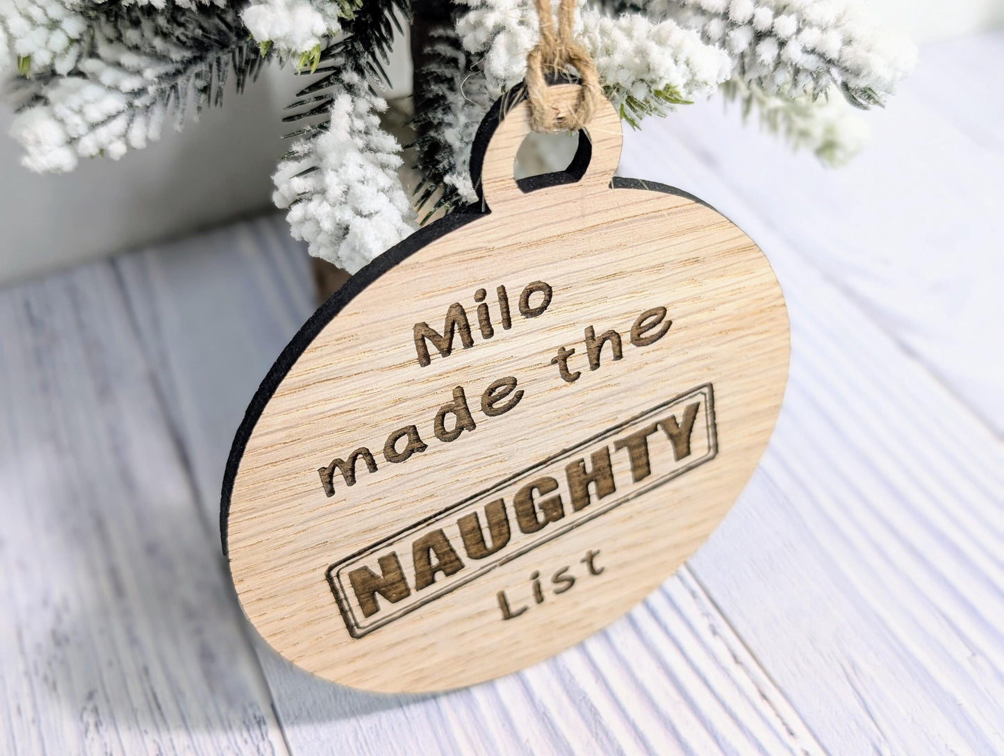 Custom Double-Sided Naughty or Nice List Wooden Bauble | Personalised Oak Christmas Ornament for Children | Wood Xmas Decoration | Festive