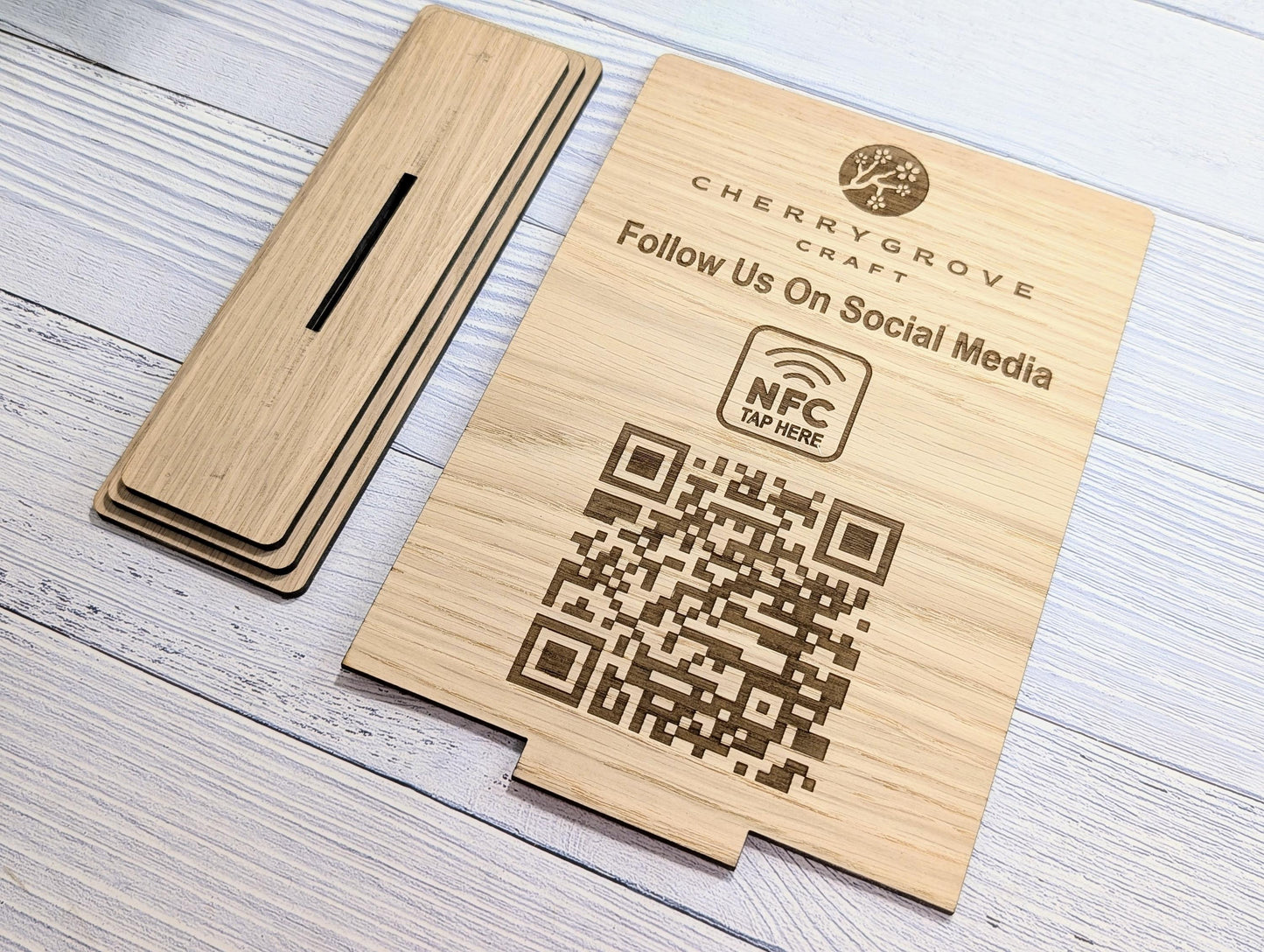 QR Code and NFC 'Follow Us on Social Media' Custom XL Wooden Table Sign, Personalised Logo & Social Media Link, Eco-Friendly, Extra Large