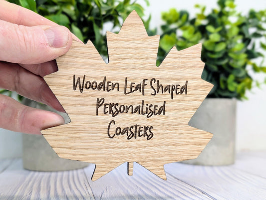 Leaf Shaped Wooden Coasters - Personalised Text – Eco-Friendly Gift, Custom Message – Bespoke Sustainable Craft, 115mm Diameter, Oak Wood