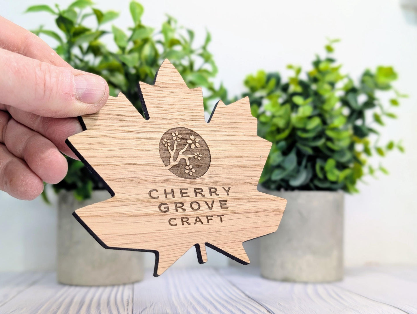 Leaf Shaped Wooden Logo Coasters - Personalised – Eco-Friendly Gift, Custom Branded – Bespoke Sustainable Craft, 115mm Diameter, Oak Wood