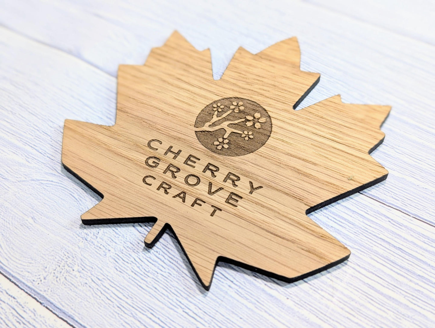 Leaf Shaped Wooden Logo Coasters - Personalised – Eco-Friendly Gift, Custom Branded – Bespoke Sustainable Craft, 115mm Diameter, Oak Wood