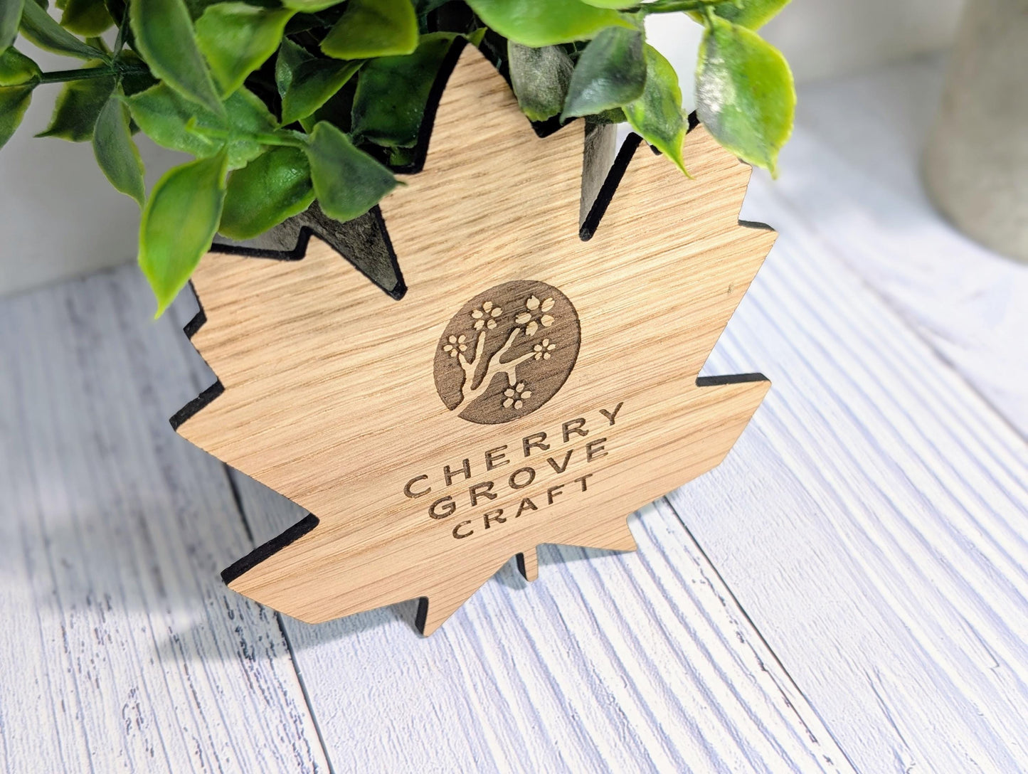 Leaf Shaped Wooden Logo Coasters - Personalised – Eco-Friendly Gift, Custom Branded – Bespoke Sustainable Craft, 115mm Diameter, Oak Wood