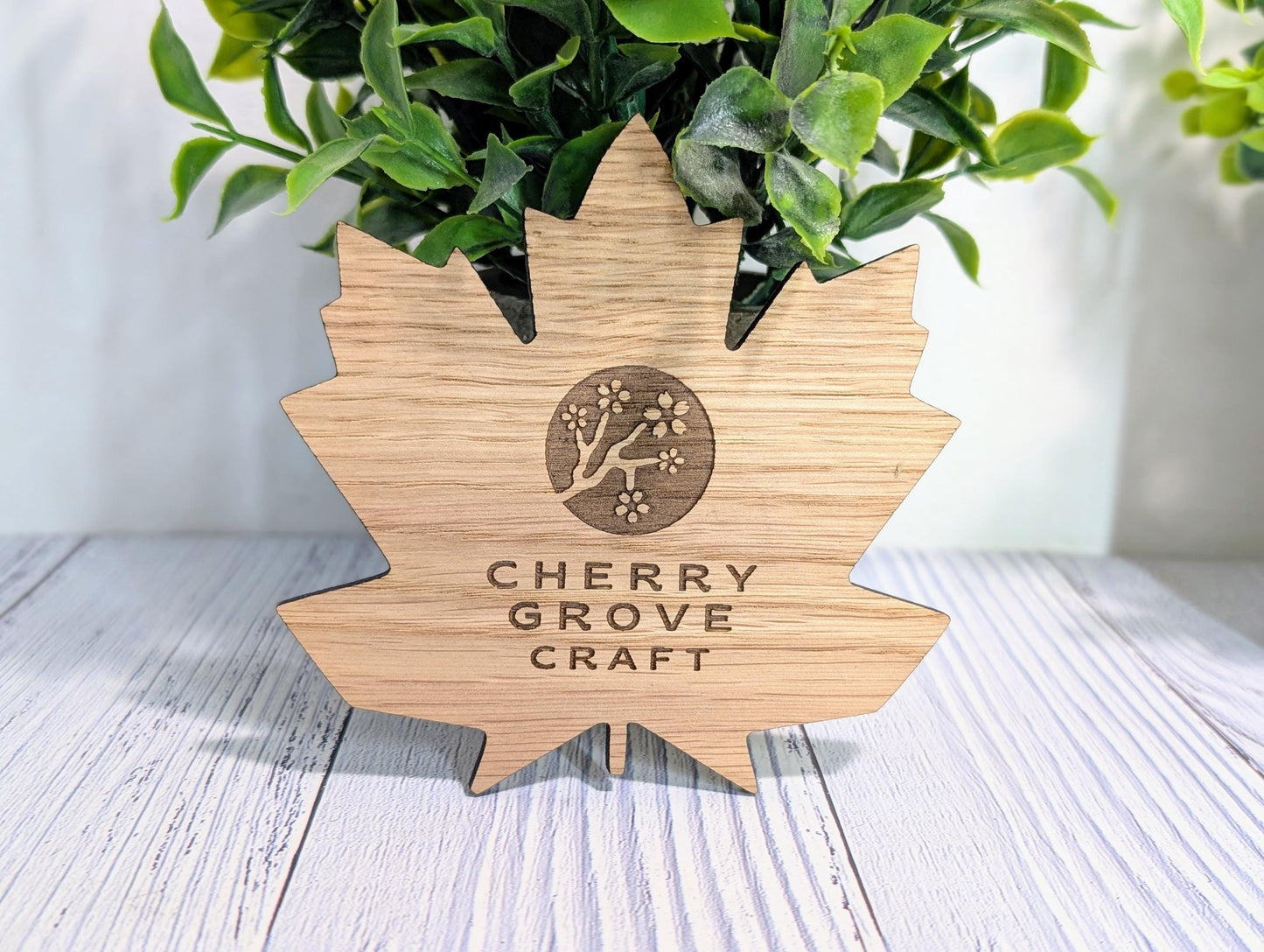 Leaf Shaped Wooden Logo Coasters - Personalised – Eco-Friendly Gift, Custom Branded – Bespoke Sustainable Craft, 115mm Diameter, Oak Wood