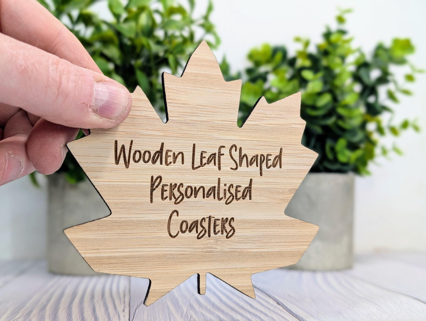 Leaf Shaped Bamboo Coasters - Personalised Text – Eco-Friendly Gift, Custom Message – Bespoke Sustainable Craft, 115mm Diameter