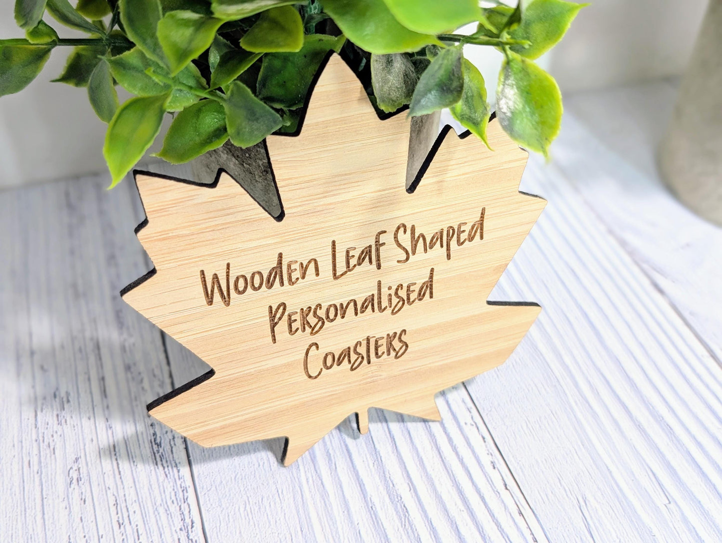 Leaf Shaped Bamboo Coasters - Personalised Text – Eco-Friendly Gift, Custom Message – Bespoke Sustainable Craft, 115mm Diameter