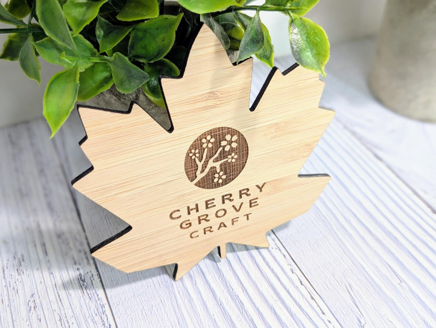 Leaf Shaped Bamboo Logo Coasters - Personalised – Eco-Friendly Gift, Custom Branded – Bespoke Sustainable Craft, 115mm Diameter