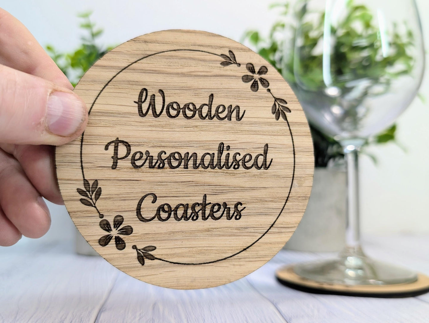 Custom Wooden Coasters – Eco-Friendly Gift, Personalised Text, Engraved Border – Bespoke Sustainable Craft, 100mm Diameter, Coffee & Tea