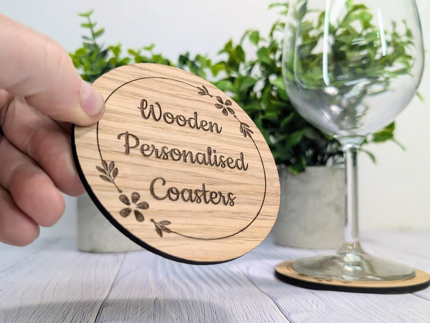 Custom Wooden Coasters – Eco-Friendly Gift, Personalised Text, Engraved Border – Bespoke Sustainable Craft, 100mm Diameter, Coffee & Tea