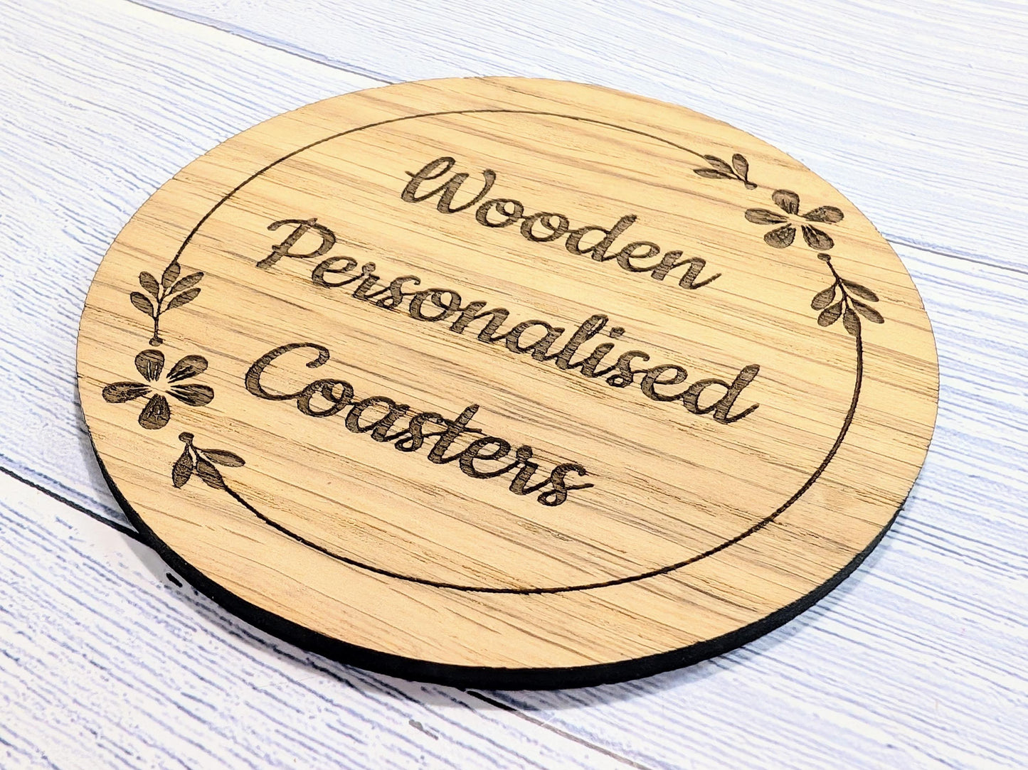 Custom Wooden Coasters – Eco-Friendly Gift, Personalised Text, Engraved Border – Bespoke Sustainable Craft, 100mm Diameter, Coffee & Tea