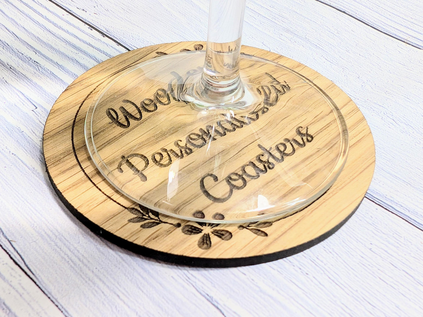 Custom Wooden Coasters – Eco-Friendly Gift, Personalised Text, Engraved Border – Bespoke Sustainable Craft, 100mm Diameter, Coffee & Tea