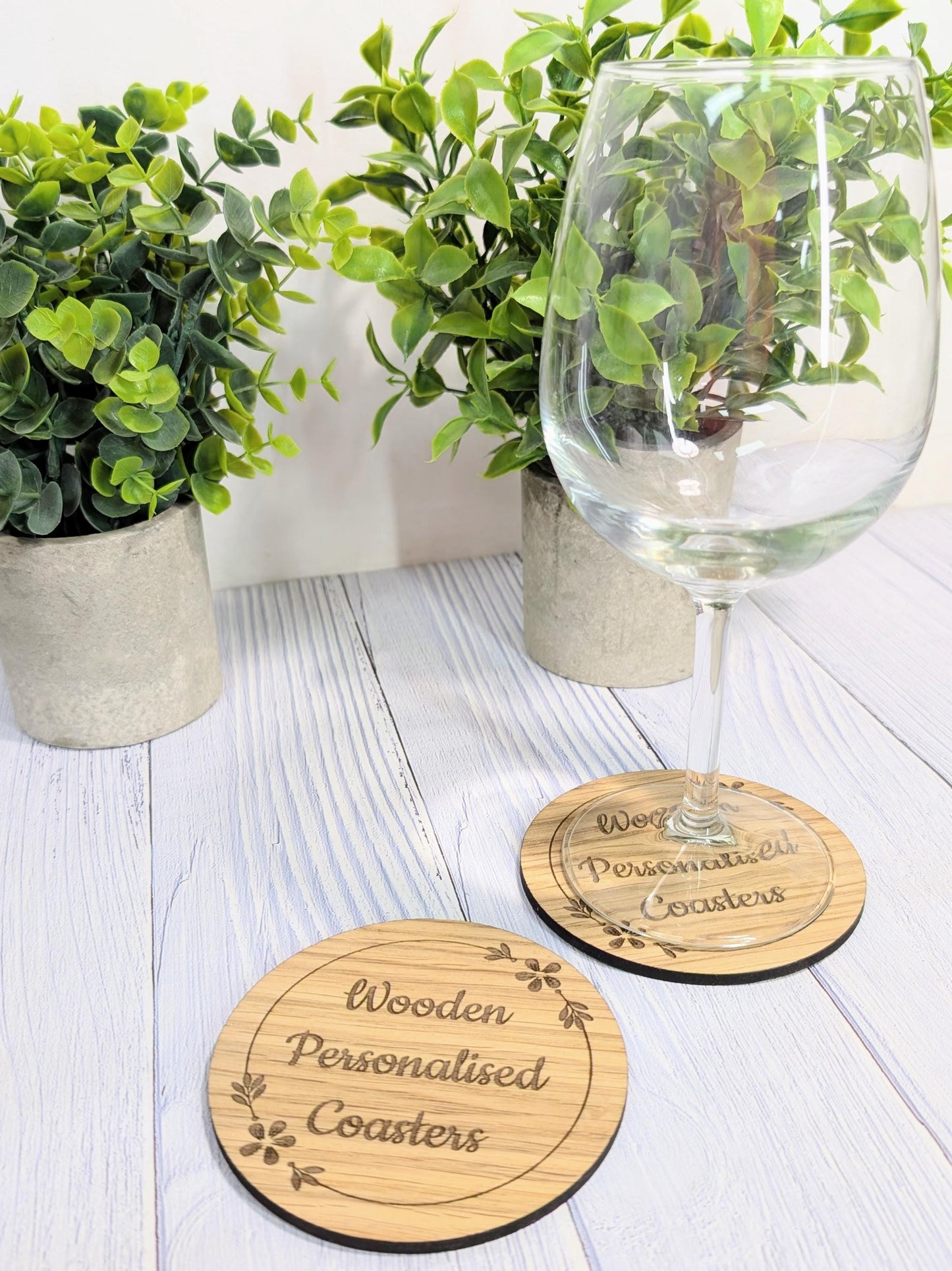 Custom Wooden Coasters – Eco-Friendly Gift, Personalised Text, Engraved Border – Bespoke Sustainable Craft, 100mm Diameter, Coffee & Tea