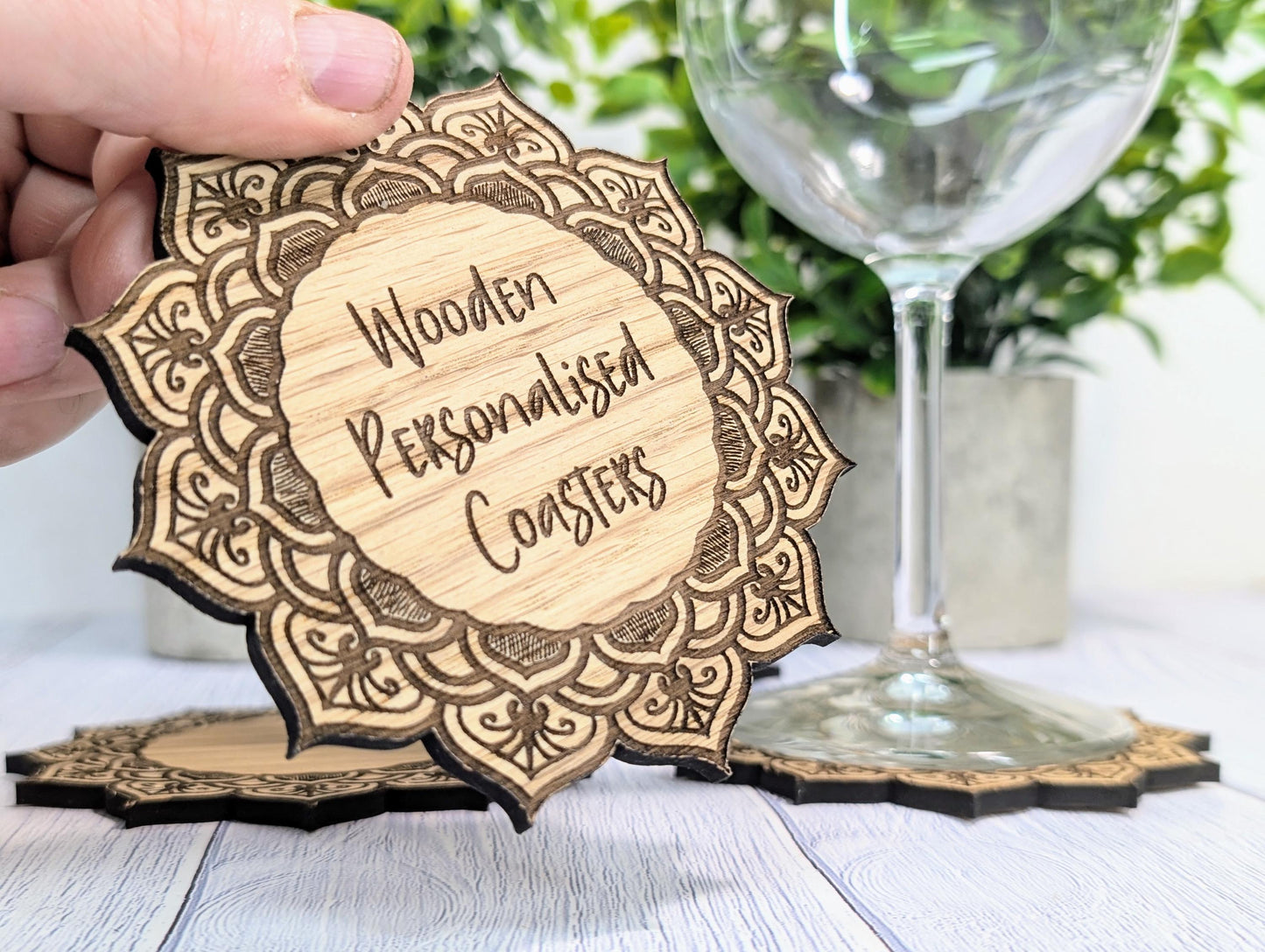 Wooden Coasters - Personalised Text – Eco-Friendly Gift, Custom Message, Engraved Border – Bespoke Sustainable Craft, 110mm Diameter