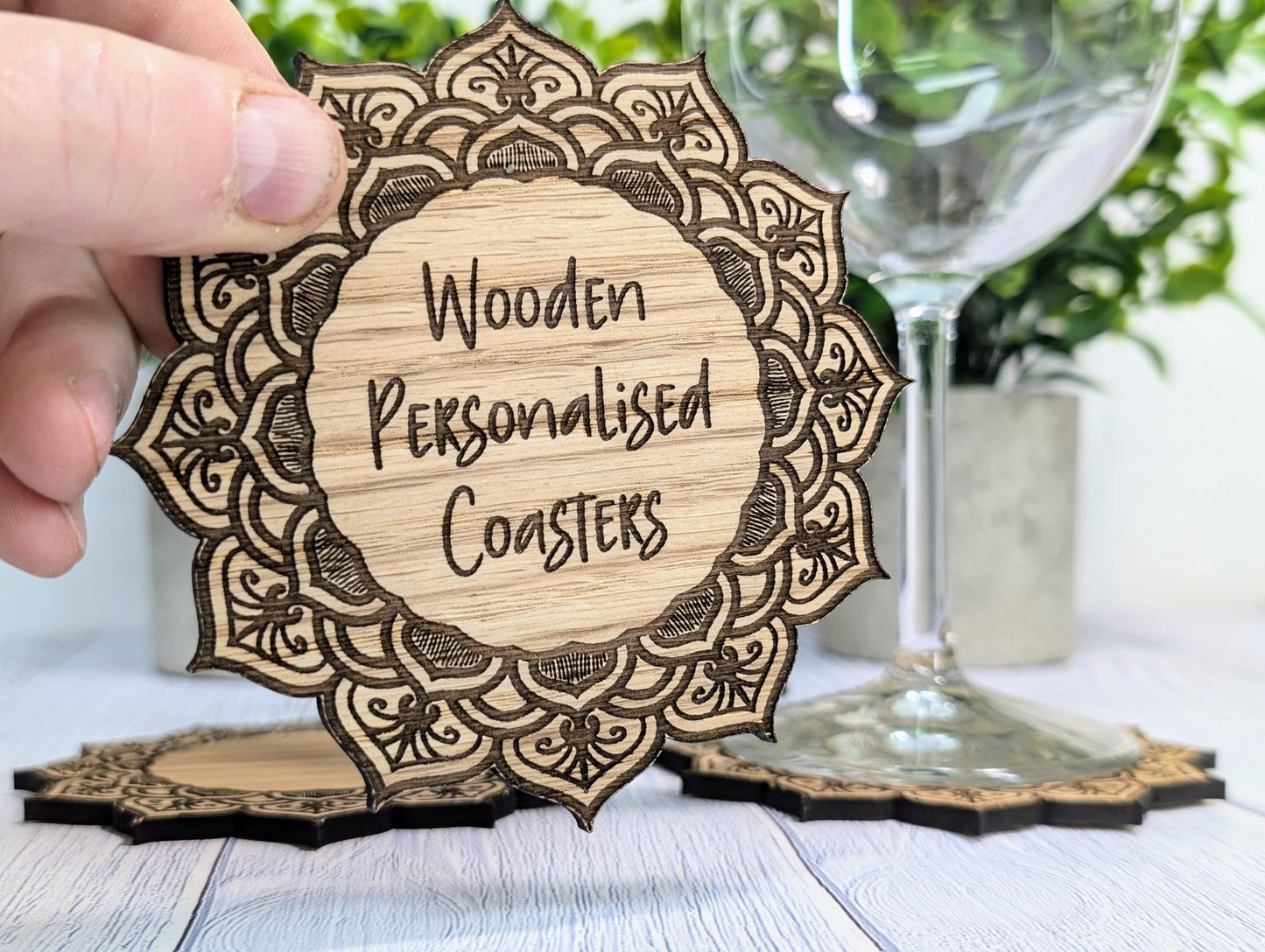 Wooden Coasters - Personalised Text – Eco-Friendly Gift, Custom Message, Engraved Border – Bespoke Sustainable Craft, 110mm Diameter