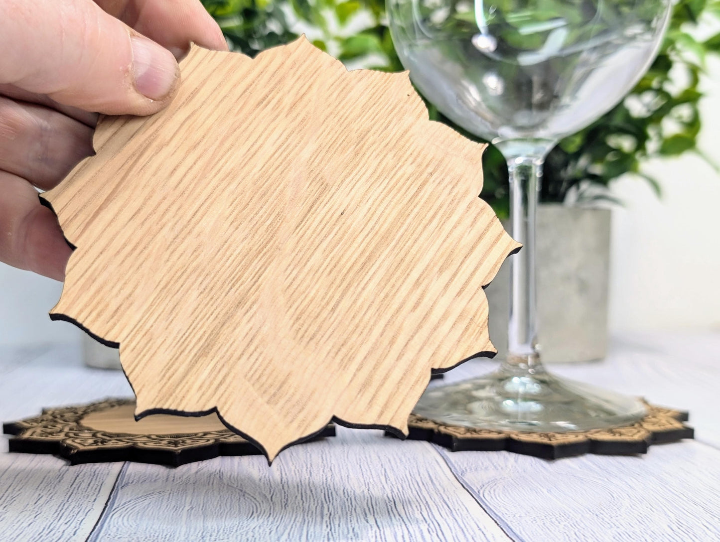 Wooden Coasters - Personalised Text – Eco-Friendly Gift, Custom Message, Engraved Border – Bespoke Sustainable Craft, 110mm Diameter