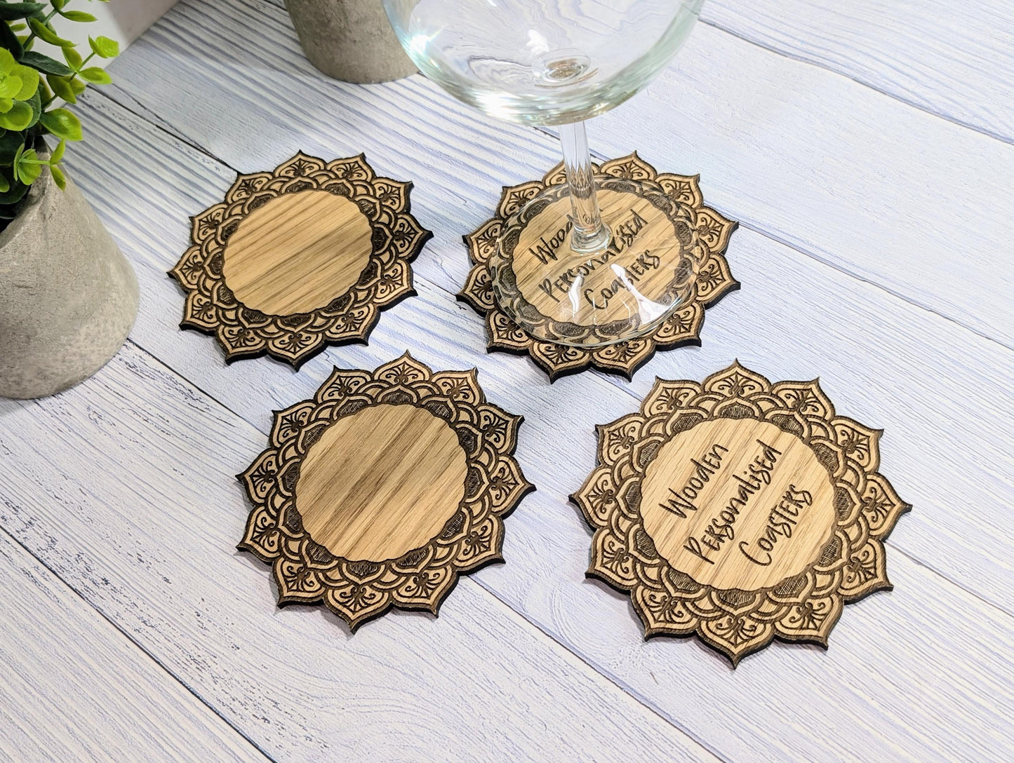 Wooden Coasters - Personalised Text – Eco-Friendly Gift, Custom Message, Engraved Border – Bespoke Sustainable Craft, 110mm Diameter