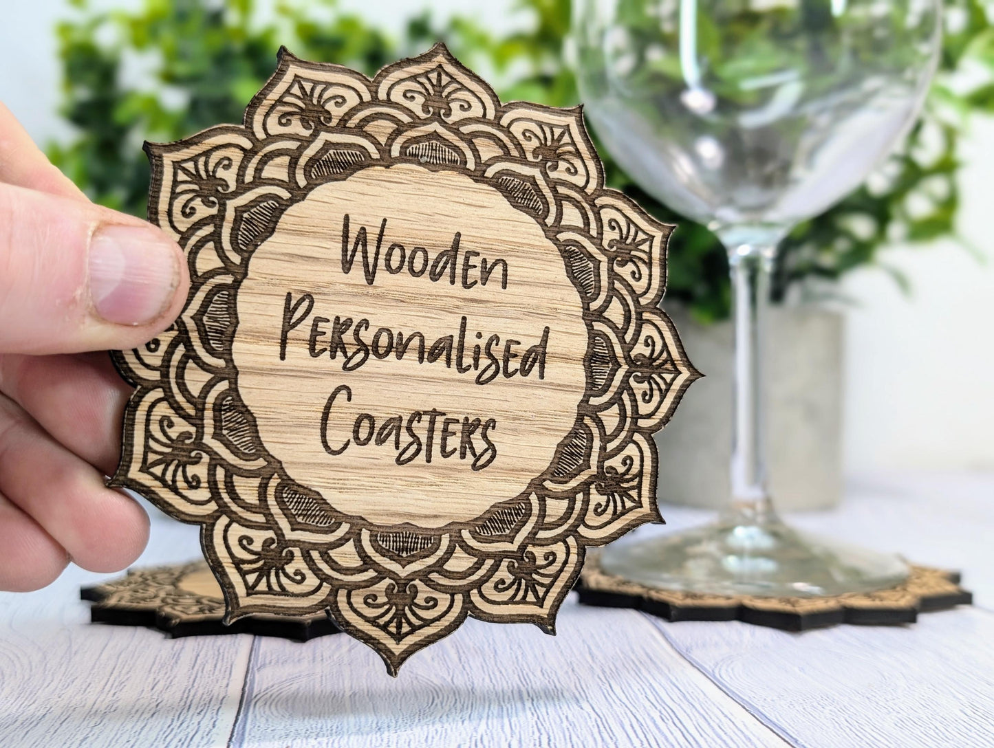 Wooden Coasters - Personalised Text – Eco-Friendly Gift, Custom Message, Engraved Border – Bespoke Sustainable Craft, 110mm Diameter