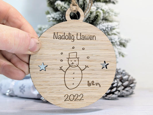 Personalised "Nadolig Llawen" Bauble - Design Your Own Bauble - Send Your Drawing, Welsh Custom Christmas Decoration in Oak Veneer - Xmas