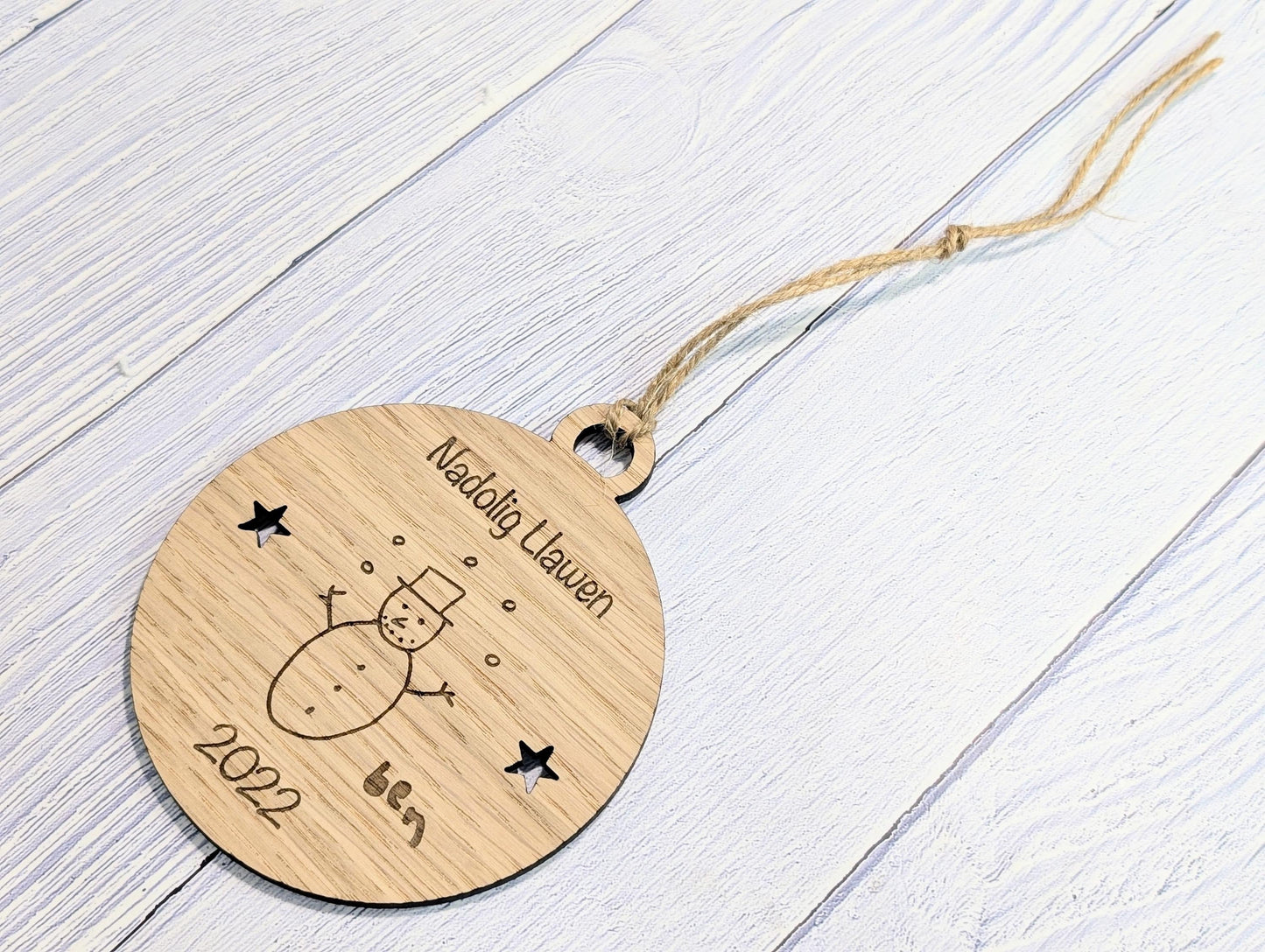 Personalised "Nadolig Llawen" Bauble - Design Your Own Bauble - Send Your Drawing, Welsh Custom Christmas Decoration in Oak Veneer - Xmas