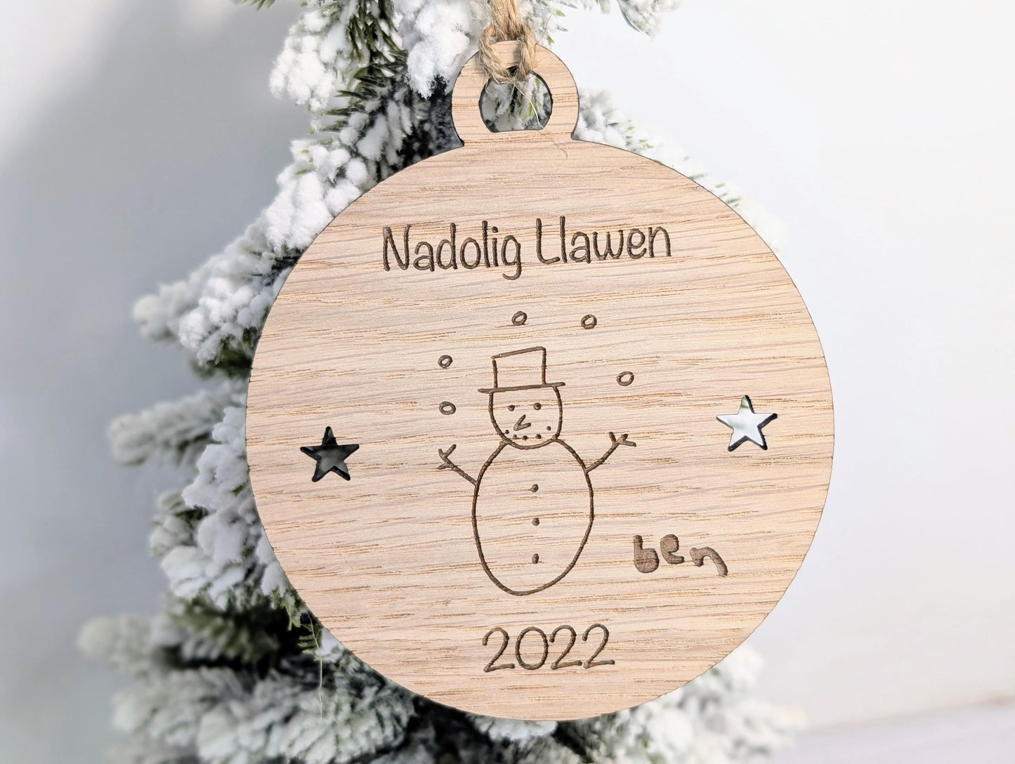 Personalised "Nadolig Llawen" Bauble - Design Your Own Bauble - Send Your Drawing, Welsh Custom Christmas Decoration in Oak Veneer - Xmas