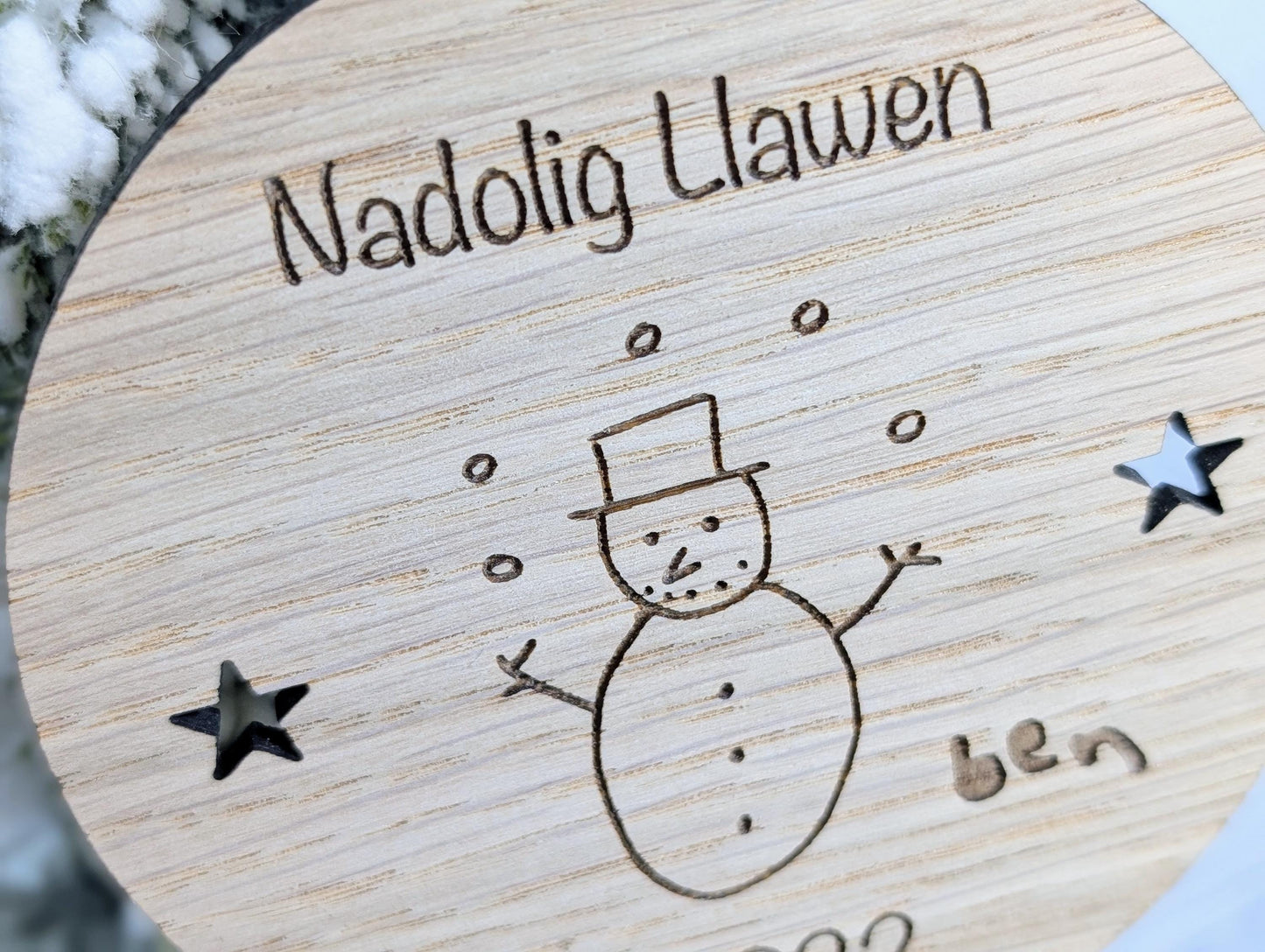 Personalised "Nadolig Llawen" Bauble - Design Your Own Bauble - Send Your Drawing, Welsh Custom Christmas Decoration in Oak Veneer - Xmas