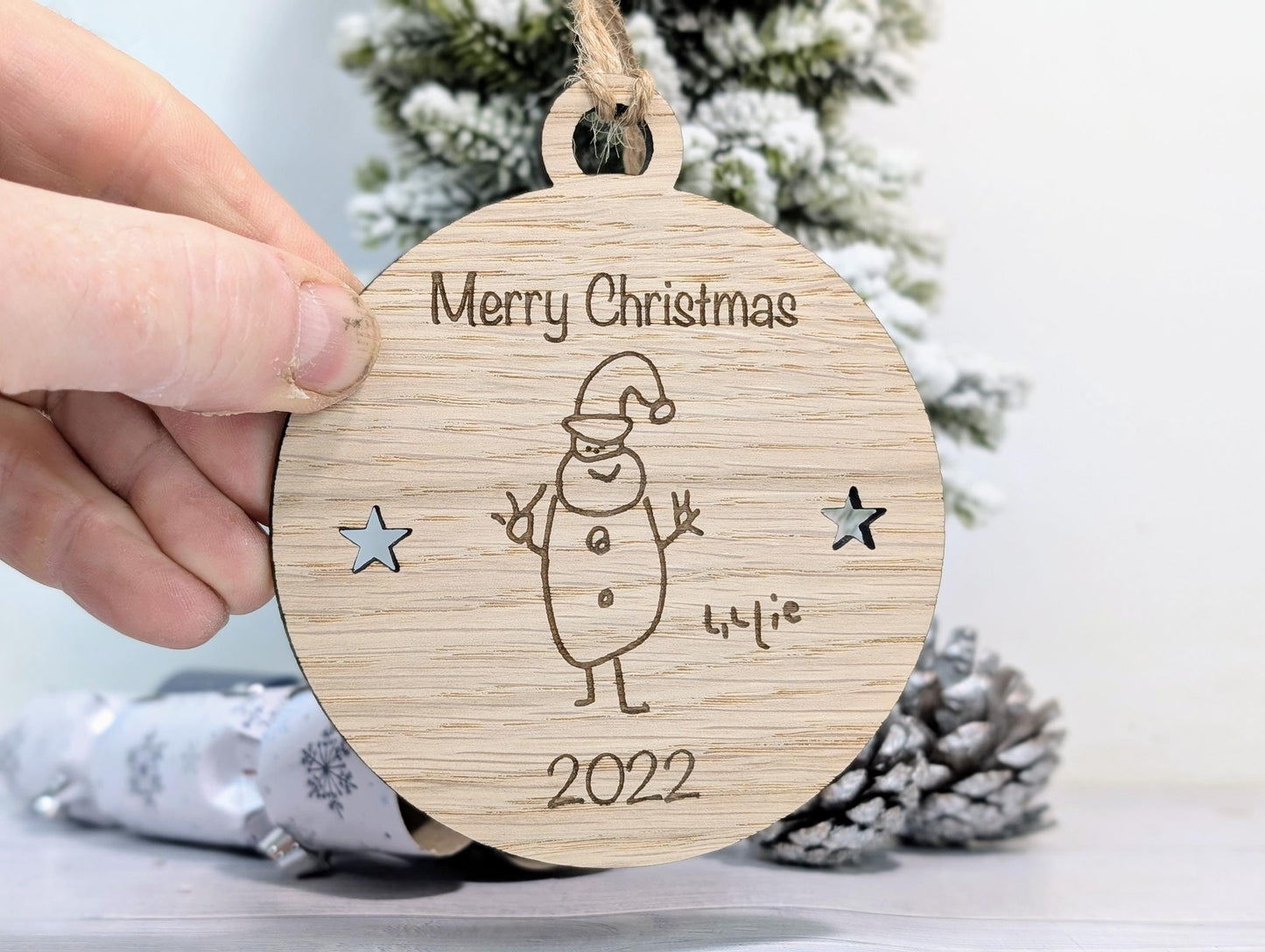 Design Your Own Wooden Bauble - Send Your Drawing, Welsh Custom Christmas Decoration in Oak Veneer - Personalised Xmas Decor Ornament