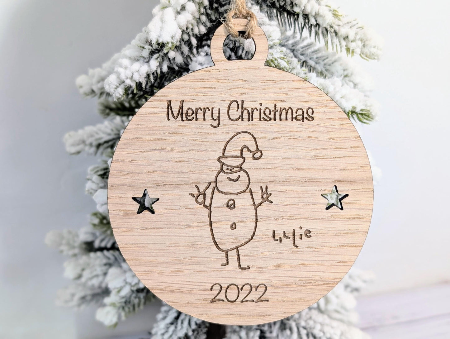 Design Your Own Wooden Bauble - Send Your Drawing, Welsh Custom Christmas Decoration in Oak Veneer - Personalised Xmas Decor Ornament