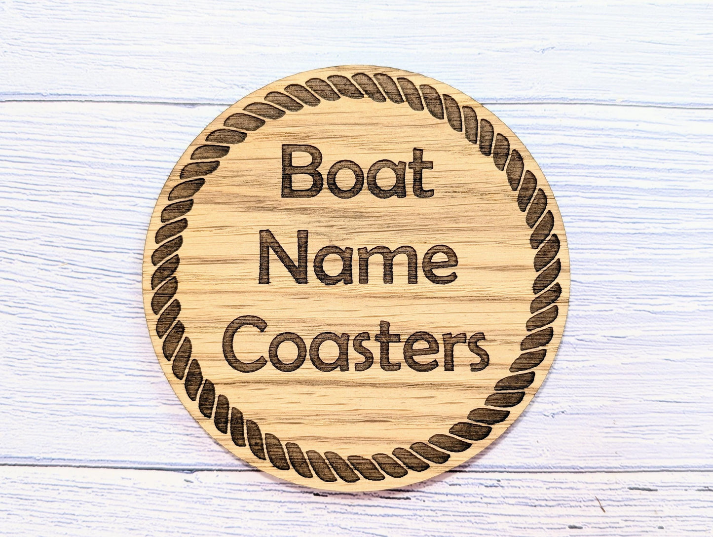 Personalised Oak Coasters with Rope Border – Custom Boat Name, Nautical Gift, Eco-Friendly Gift, Sustainable Craft, Round 100mm Diameter