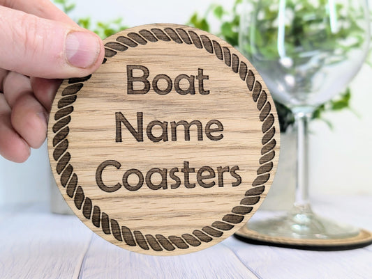 Personalised Oak Coasters with Rope Border – Custom Boat Name, Nautical Gift, Eco-Friendly Gift, Sustainable Craft, Round 100mm Diameter