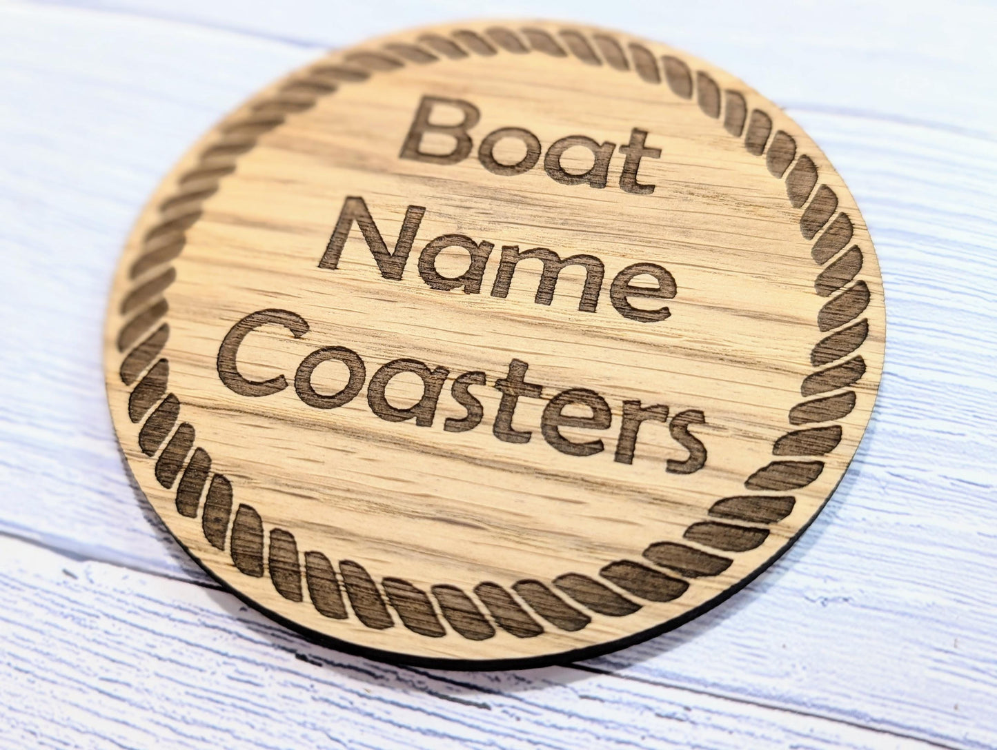 Personalised Oak Coasters with Rope Border – Custom Boat Name, Nautical Gift, Eco-Friendly Gift, Sustainable Craft, Round 100mm Diameter