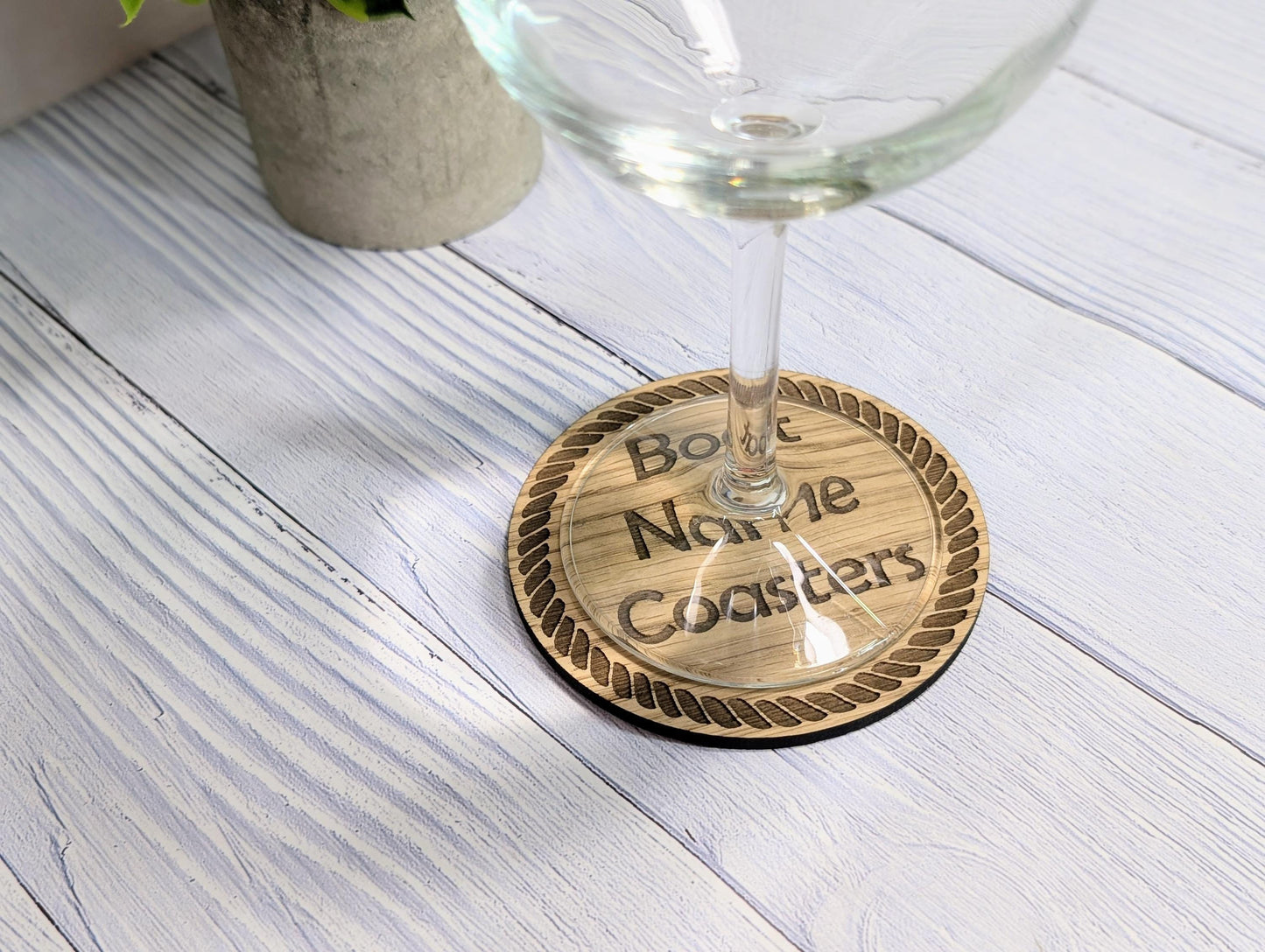 Personalised Oak Coasters with Rope Border – Custom Boat Name, Nautical Gift, Eco-Friendly Gift, Sustainable Craft, Round 100mm Diameter