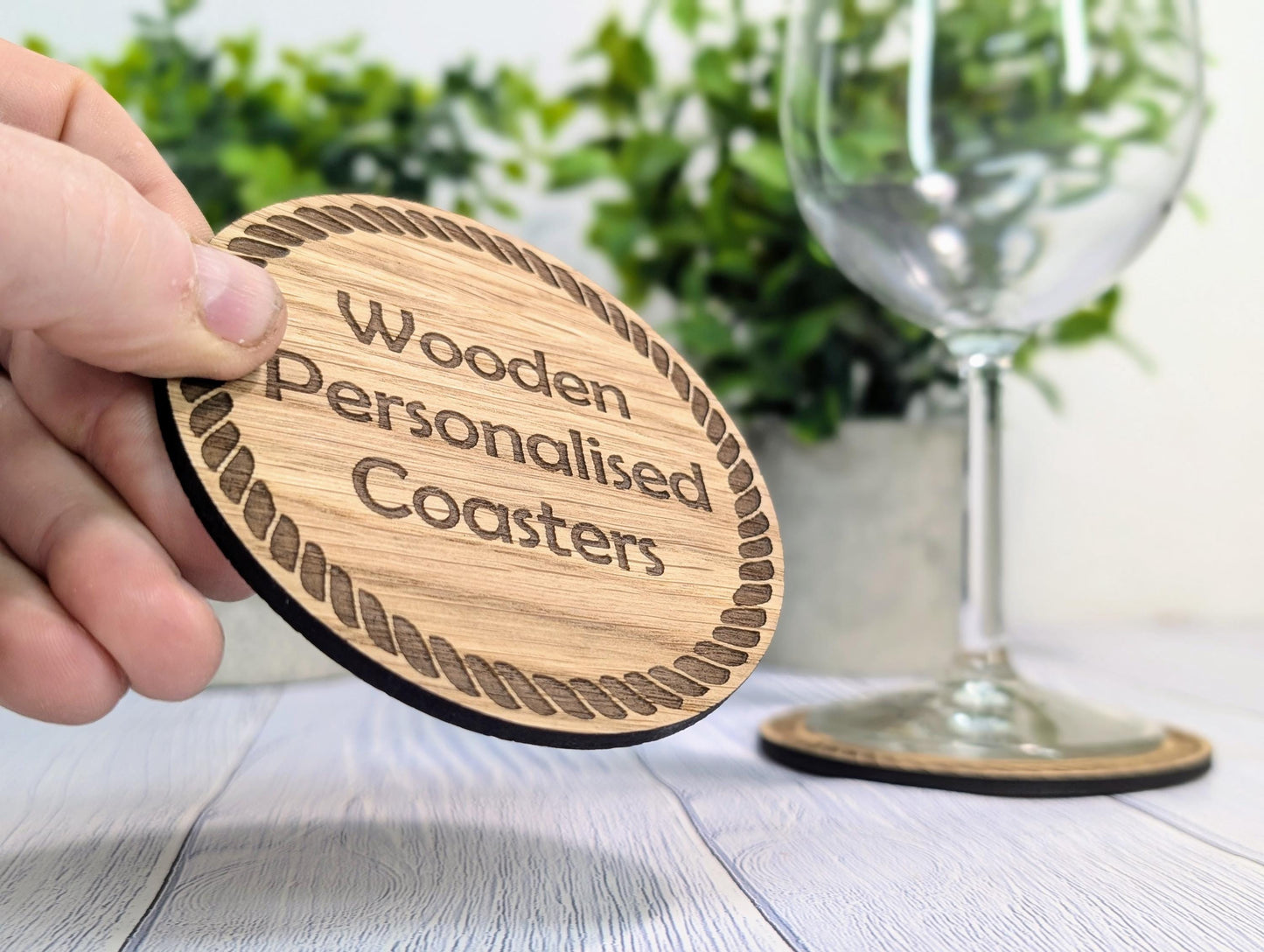 Custom Wood Coasters with Rope Border – Personalised Text, Nautical Gift, Eco-Friendly Boat Gift, Sustainable Craft, Round 100mm Diameter